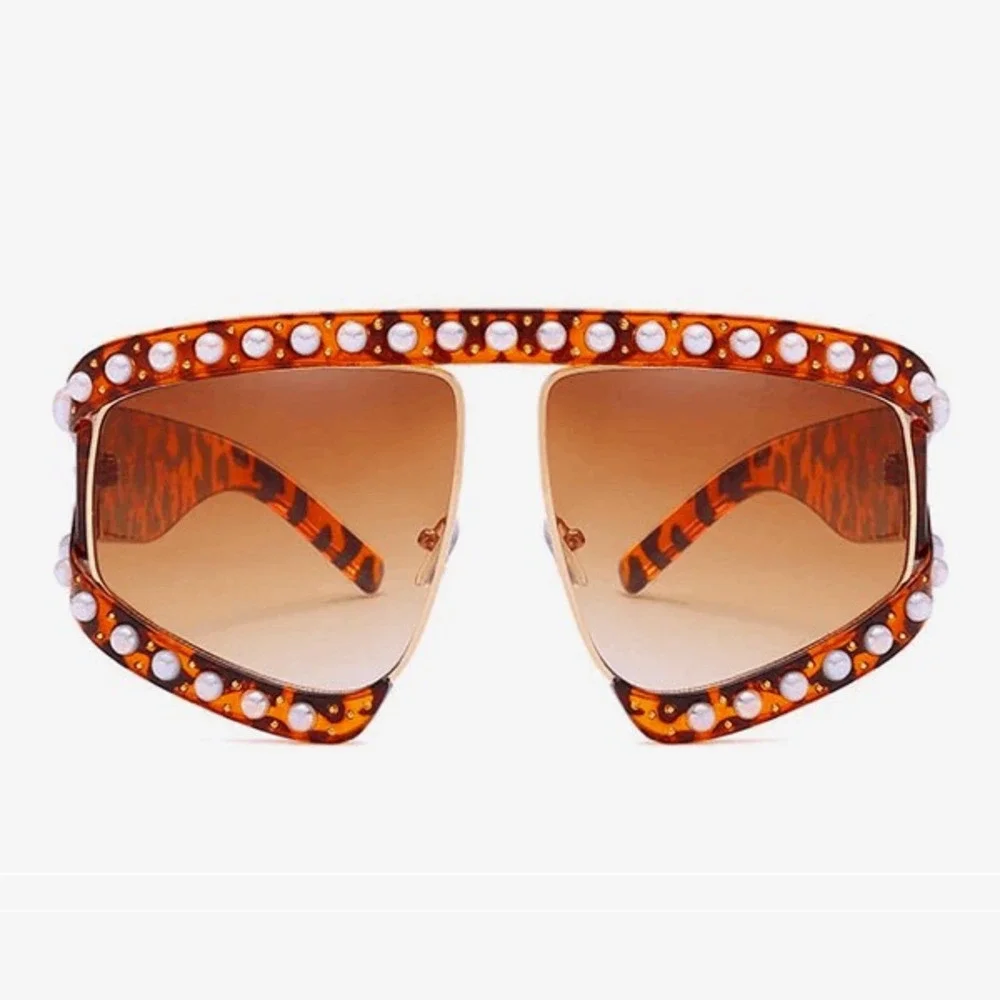 Oversized Pearl Sunglasses Fashion Women Tortoise Frame Brown Lens Luxury Shield